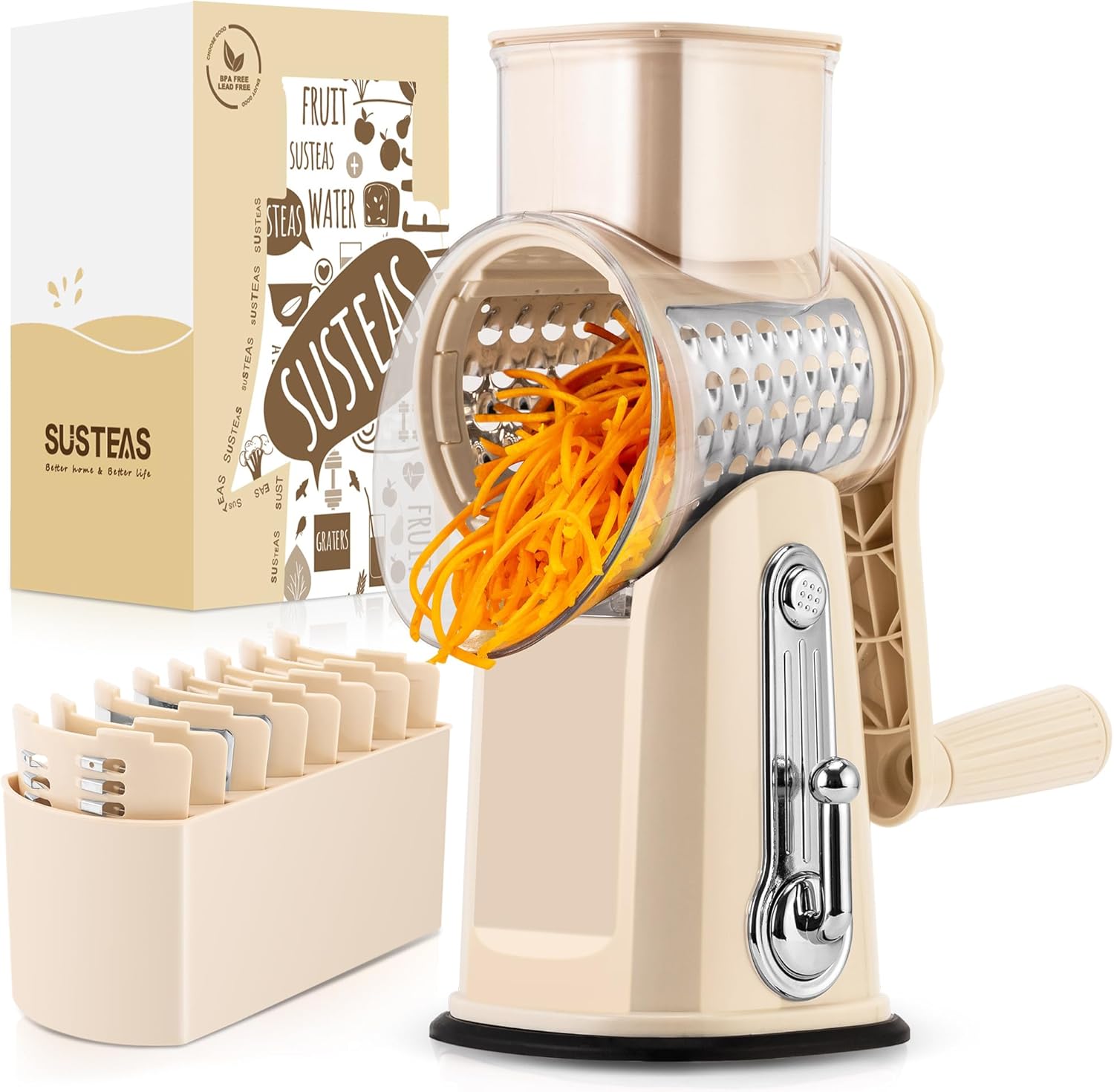 Rotary Cheese Grater with Handle – 5 Sharp Blades, Strong Suction Base & Blade Storage – Vegetable Slicer & Food Chopper