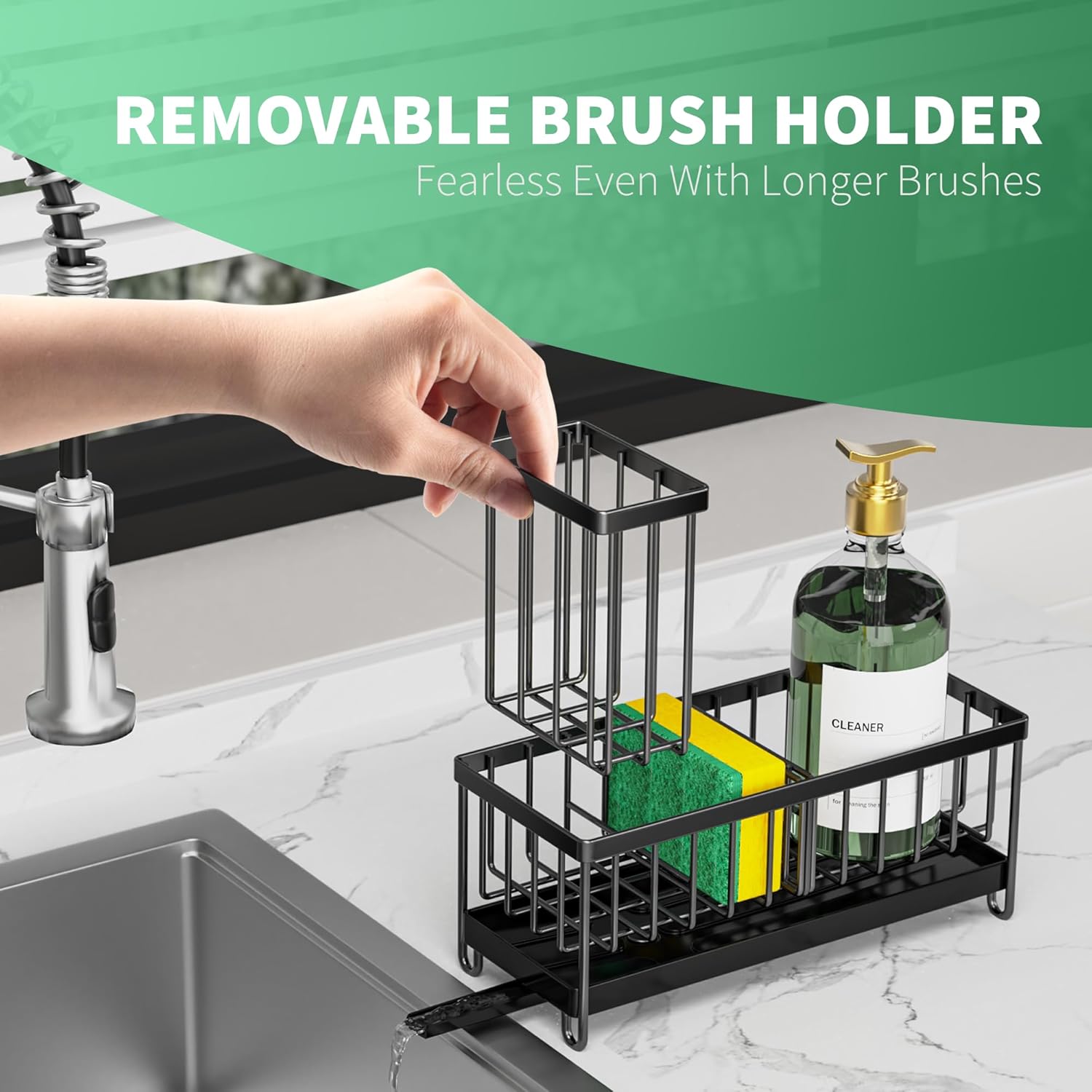 Stainless Steel Kitchen Sink Caddy – Sponge Holder with Brush Stand & Soap Dispenser for Organized Countertops