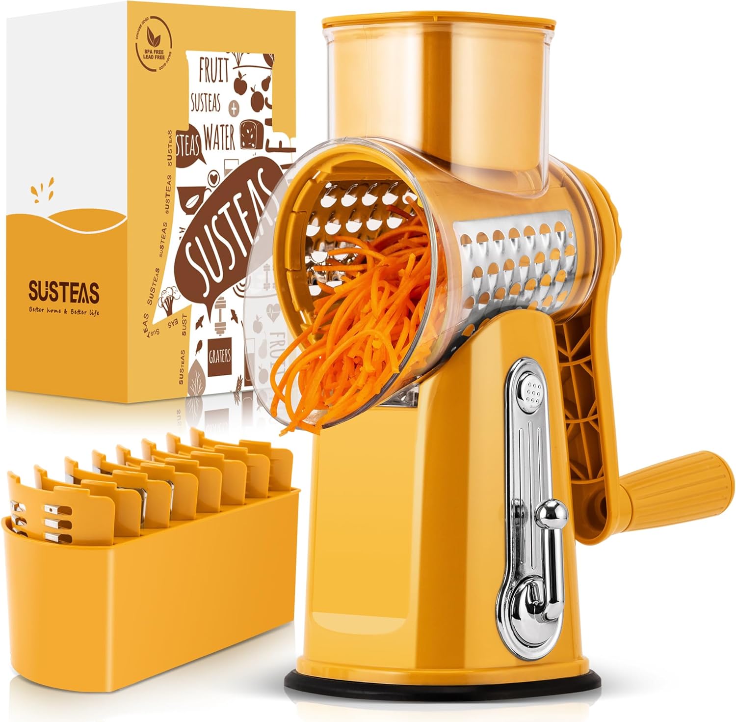 Rotary Cheese Grater with Handle – 5 Sharp Blades, Strong Suction Base & Blade Storage – Vegetable Slicer & Food Chopper