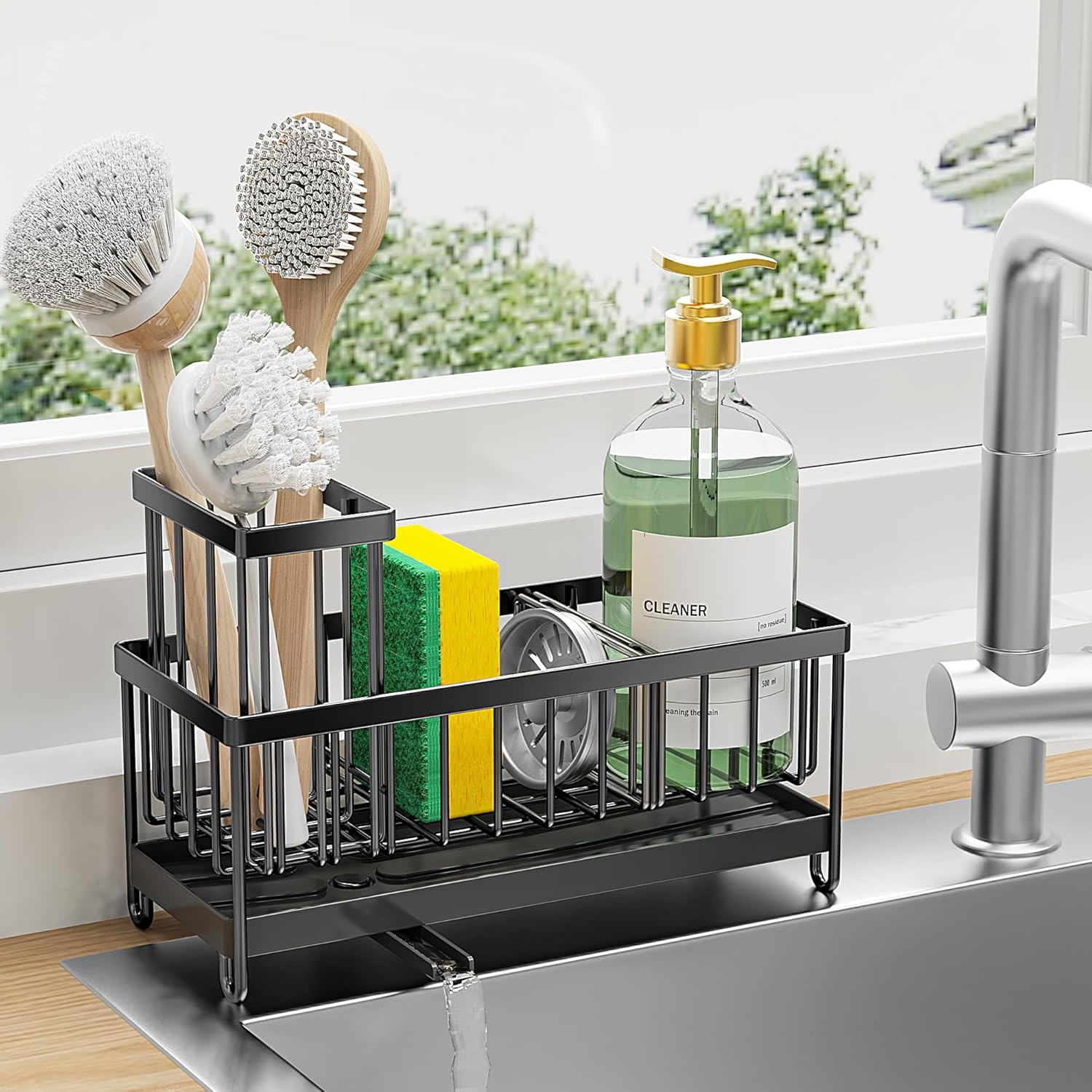 Stainless Steel Kitchen Sink Caddy – Sponge Holder with Brush Stand & Soap Dispenser for Organized Countertops