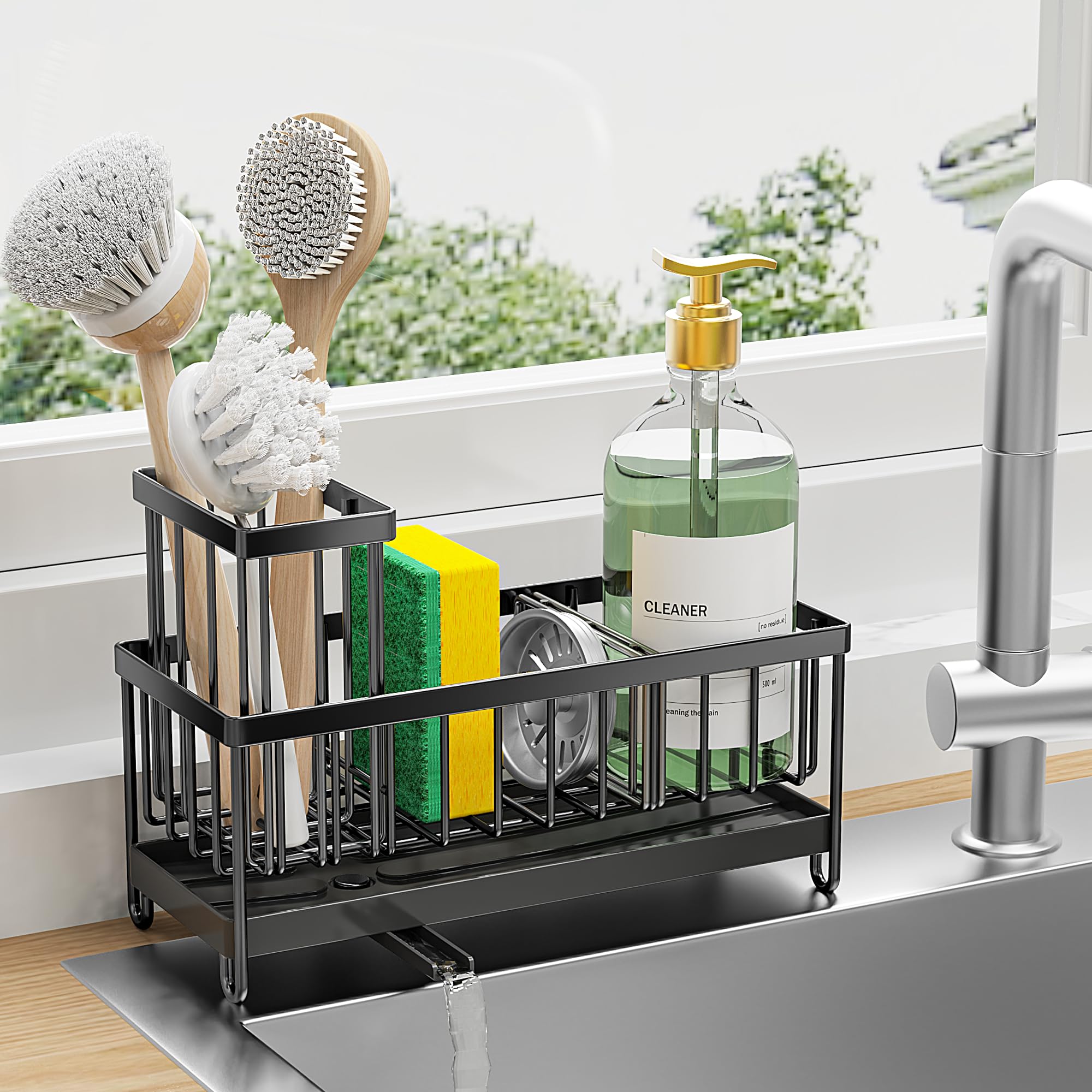 Stainless Steel Kitchen Sink Caddy – Sponge Holder with Brush Stand & Soap Dispenser for Organized Countertops