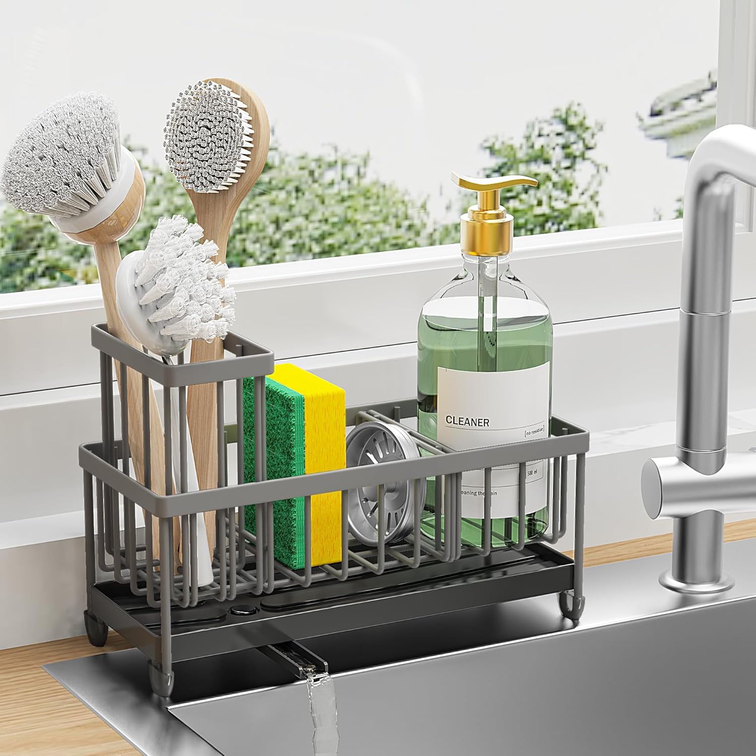 Stainless Steel Kitchen Sink Caddy – Sponge Holder with Brush Stand & Soap Dispenser for Organized Countertops