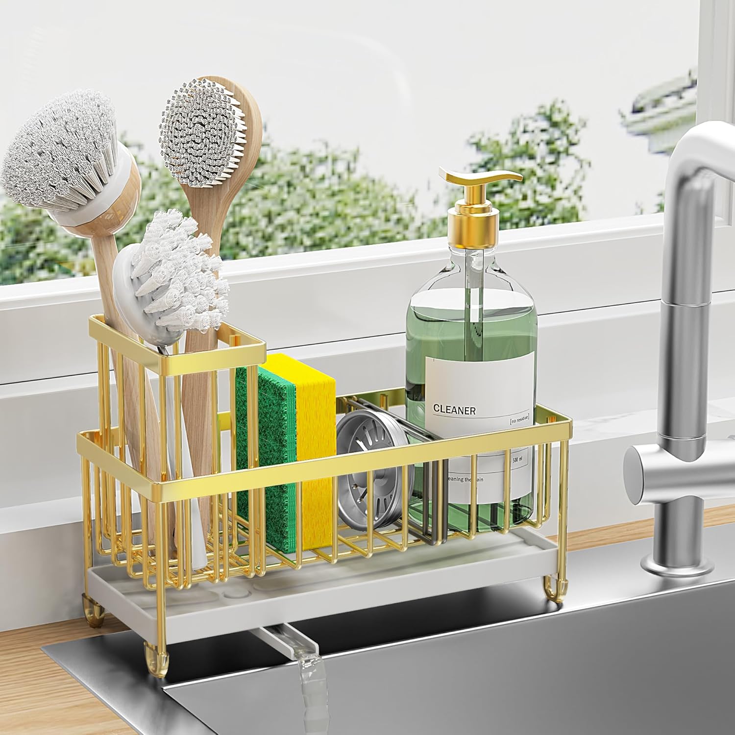 Stainless Steel Kitchen Sink Caddy – Sponge Holder with Brush Stand & Soap Dispenser for Organized Countertops