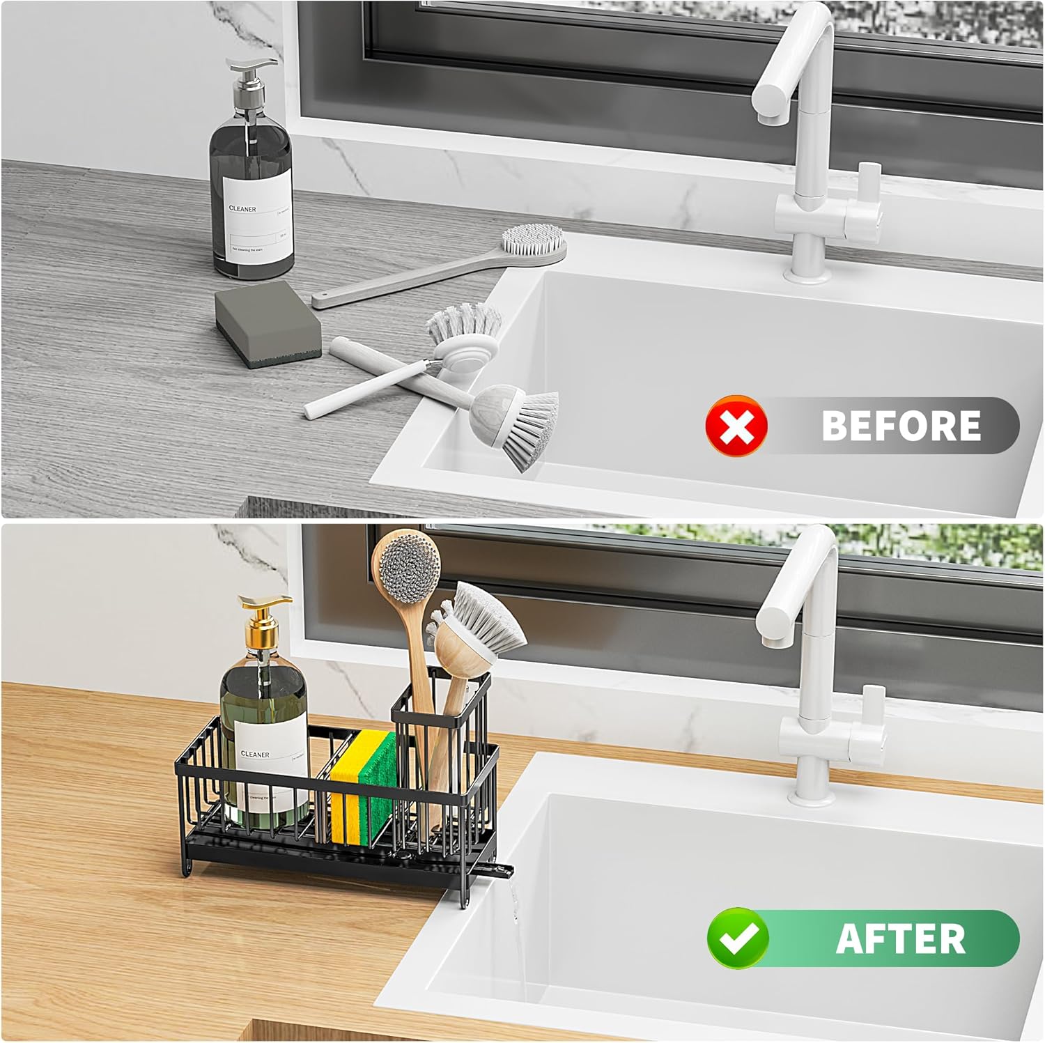 Stainless Steel Kitchen Sink Caddy – Sponge Holder with Brush Stand & Soap Dispenser for Organized Countertops